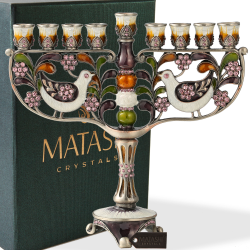 Hand Painted Enamel Menorah Candelabra with a Doves and Flower Design and Embellished with Gold Accents and High Quality Crystals by Matashi