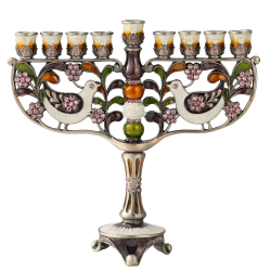 Hand Painted Enamel Menorah Candelabra with a Doves and Flower Design and Embellished with Gold Accents and High Quality Crystals by Matashi