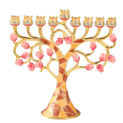 Hand Painted Enamel Menorah Candelabra Embellished with an Intertwining Pomegranate Design with Gold Accents and High Quality Crystals by Matashi