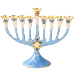 Hand Painted Enamel Menorah Candelabra with a Star of David Design and Embellished with Gold Accents and High Quality Crystals by Matashi