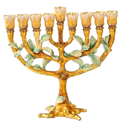 Hand Painted Enamel Menorah Candelabra with a Tree and Flower Buds Design and Embellished with Gold Accents and High Quality Crystals by Matashi