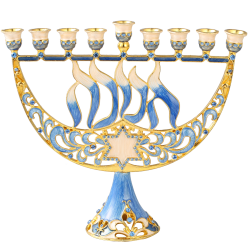 Hand Painted Enamel Menorah Candelabra with a Star of David and Hanukkah Design and Embellished with Gold Accents and High Quality Crystals by Matashi