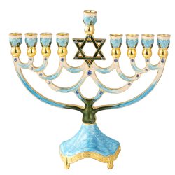 Hand Painted Enamel Menorah Candelabra with a Star of David Design and Embellished with Gold Accents and High Quality Crystals by Matashi