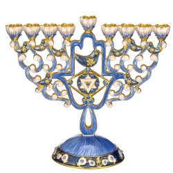 Matashi Hand Painted Enamel Menorah Candelabra with  Hamsa & Doves Design, Embellished with Gold Accents and High Quality Crystals