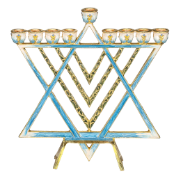 Hand Painted Blue Enamel Menorah Candelabra with a Star of David Design Embellished with Gold Accents and High Quality Crystals by Matashi