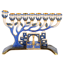 Hand Painted Blue Enamel Menorah Candelabra with a Jerusalem City Design and a Dreidel, Embellished with Gold Accents and High Quality Crystals by Matashi