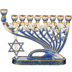 Hand Painted Blue Enamel Menorah Candelabra with a Modern Flow & Star of David Design, Embellished with Gold Accents and High Quality Crystals by Matashi