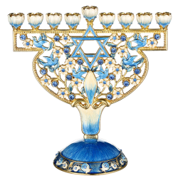 Hand Painted Enamel Menorah Candelabra with Doves & Flowers Design, Embellished with Gold Accents and High Quality Crystals by Matashi