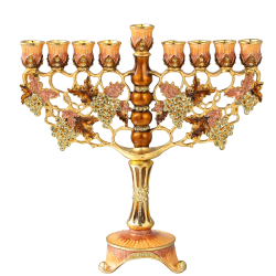 7.25" Tall Hand Painted Enamel Menorah Candelabra Embellished with an Intertwining Vineyard Design with Gold Accents and High Quality Crystals by Matashi