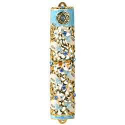6" Hand Painted Enamel Mezuzah Embellished with a Ivy and Flowers Design with Gold Accents and High Quality Blue Crystals by Matashi