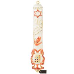 Hand Painted 5.7" Red and White Dove Mezuzah Embellished with Gold Accents and a Star of David with High Quality Crystals by Matashi