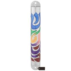 Hand Painted Multi Color Enamel 6'' Mezuzah Embellished with Hebrew Shin Home Door Wall Decor Housewarming Present Gift for Holiday Festival