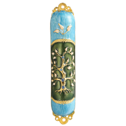 Hand Painted Enamel Mezuzah Embellished with a Tree of Life Design with Gold Accents and High Quality Crystals by Matashi