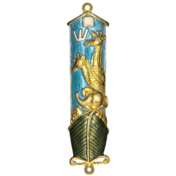 Hand Painted Blue Enamel Noah's Ark Mezuzah with Gold Accents and High Quality Crystals by Matashi