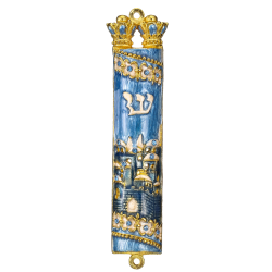 Hand Painted Blue Enamel Mezuzah with Jerusalem City Design with Gold Accents and High Quality Crystals by Matashi