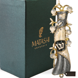 Hand Painted Grey & White Enamel Mezuzah Embellished with a Pomegranate Floral Design with Gold Accents and High Quality Crystals by Matashi