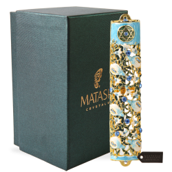 3.5" Hand Painted Enamel Mezuzah Embellished with a Ivy and Flowers Design with Gold Accents and High Quality Blue Crystals by Matashi