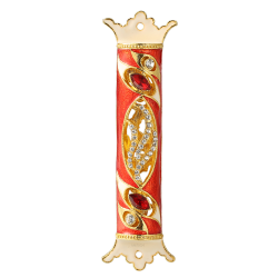 4.5" Hand Painted Enamel Mezuzah Embellished with a Royal Red Design with Gold Accents and High Quality Red and Clear Crystals by Matashi
