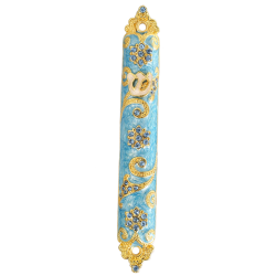 4.5" Hand Painted Enamel Mezuzah Embellished with a Rich Blue Judaica Design Gold Accents and High Quality Crystals by Matashi