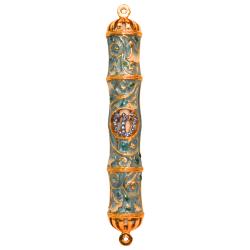 Matashi Turquoise Jeweled enamel Mezuzah with Gold Accents and Stunning Crystals, Jewish Mezuzah with Scroll for Door, Hand Painted Judaica Gift for Home Blessing and Protection