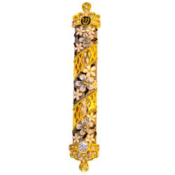 Matashi Grey Flower Jeweled enamel Mezuzah with Gold Accents and Stunning Crystals, Jewish Mezuzah with Scroll for Door, Hand Painted Judaica Gift for Home Blessing and Protection