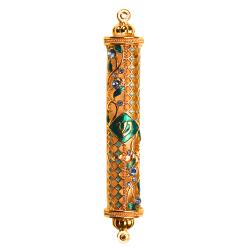 Matashi Light Blue Jeweled enamel Mezuzah with Gold Accents and Stunning Crystals, Jewish Mezuzah with Scroll for Door, Hand Painted Judaica Gift for Home Blessing and Protection