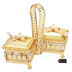 Gold Color Double Square Sweet Bowl/Salt Holder with Covers and Spoons, Perfect Gift for Hostess, Mother, Girlfriend