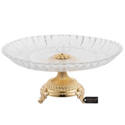 Crystal Cake Plate Centerpiece Decorative Dish, Round Serving Platter with 24K Gold Plated Pedestal Base for Weddings, Parties, Tabletop, Stand for Cakes, Desserts, Fruits, by Matashi
