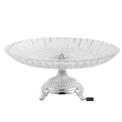 Crystal Cake Plate Centerpiece Decorative Dish, Round Serving Platter with Silver Plated Pedestal Base for Weddings, Parties, Tabletop, Stand for Cakes, Desserts, Fruits, by Matashi