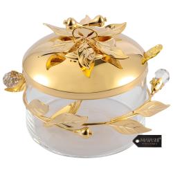 24K Gold Plated Sugar Bowl, Honey Dish, Candy Dish Glass Bowl - Flower and Vine Design with Spoon by Matashi