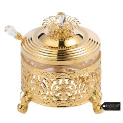 24K Gold Plated Sugar Bowl, Honey Dish, Glass Bowl - Detailed Intricate Design and Flower on Cover with Crystal Studded Spoon by Matashi
