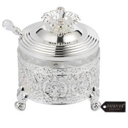 Silver Plated Sugar Bowl, Honey Dish, Glass Bowl - Detailed Intricate Design and Flower on Cover with Crystal Studded Spoon by Matashi