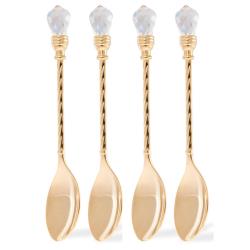 (QTY 4)Matashi 24K Gold Plated Crystal Topped Dessert Spoon for Dinner Party